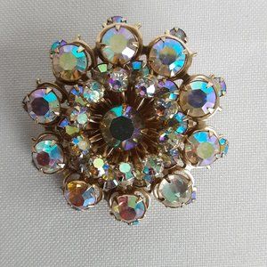 Pink Gold Tone Aurora Borealis Rhinestone Brooch Costume Jewelry